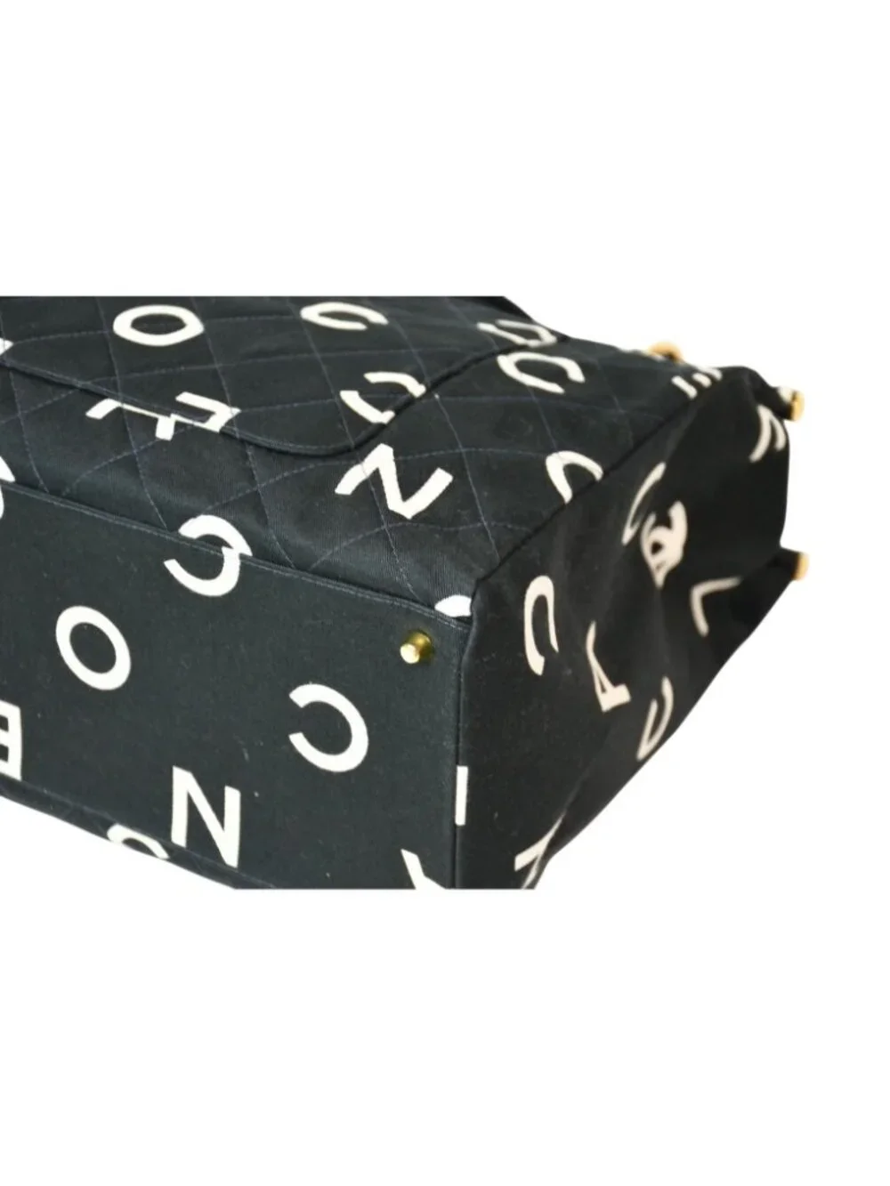 Chanel Handbag Quilted Black White Cotton Canvas Gold